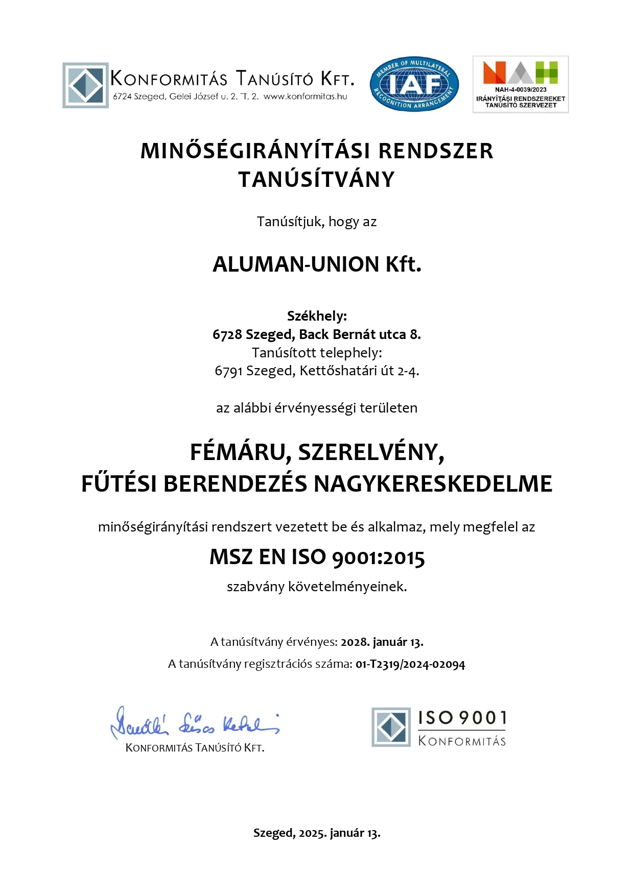 ISO Minőségirányítási Tanúsítvány (MIR)